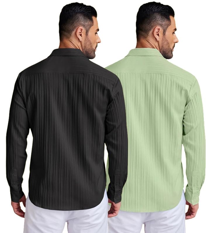 Image of DEELMO Combo of Men's Casual Button Down Shirts Long Sleeve Linen Shirt Fashion Textured Summer Shirts Pack of 2