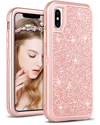 DOMAVER iPhone Xs Case,iPhone X Case Shockproof Glitter Sparkle Bling Women 3 in 1 with Shiny Faux Leather Hard Case Soft Bumper Cute Protective Phone Case Cover for iPhone Xs/iPhone X,Rose Gold/Pink