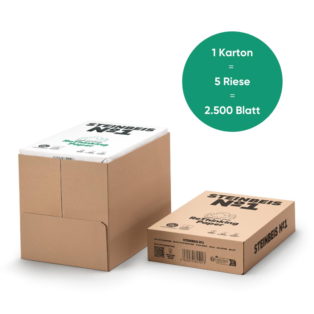 STEINBEIS N1, Papel 100% reciclado, A4, 80 g/m2, caja 5 paquetes (2500 hojas)
