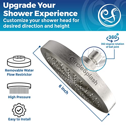 Circlesplash Shower Head - High Pressure Rain Booster - Anti Clog Self Cleaning Adjustable Showerhead - Tool-Less 1 Min Install - Universal Replacement Brushed Nickel - Rainfall 6 Inch #TOP2