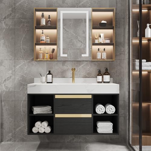 Weibath 40" Floating Bathroom Vanity Set with Ceramic Sink 2 Drawers & Open Shelves (White & Black)