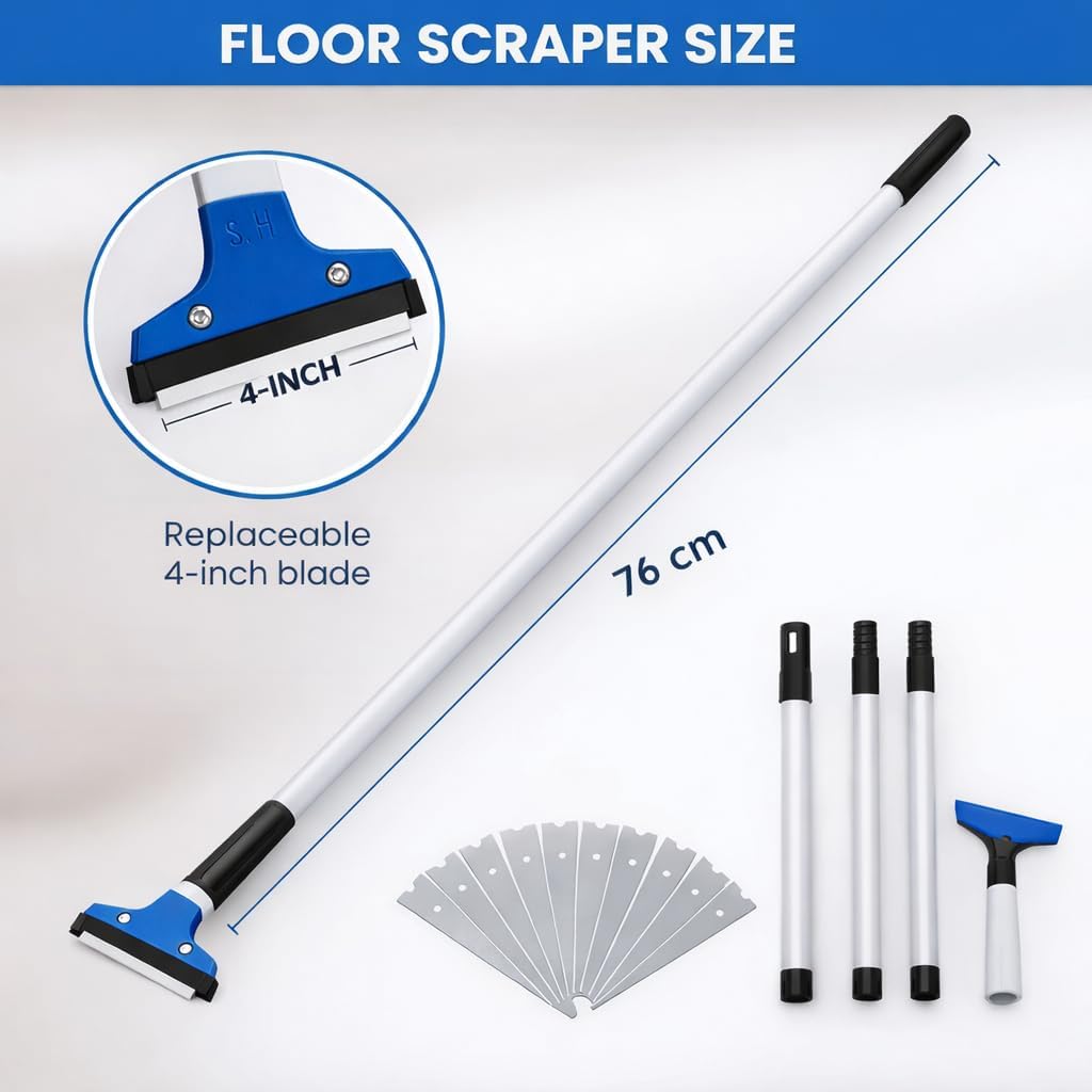 KATARY Razor Blade Floor Scraper, Wall Tile Scraper Tool with Razor Blade with Tool Bag and 3-Piece Cleaning Brush Set - Grout, Concrete and Glue Remover Kit