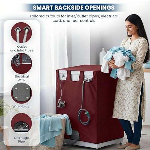 Image of Waterproof & Dustproof Front Load Washing Machine Cover Compatible for LG 12kg (FHD1208STB) | UV-Protective Washing Machine Cover | Anti-Slip Polyester | Easy to Clean & Zipper (Maroon)