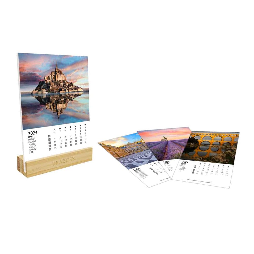 Calendrier Sur Socle Draeger France 2023 - 12x16,5cm, 12 Photos, Socle Bambou, 7 Langues