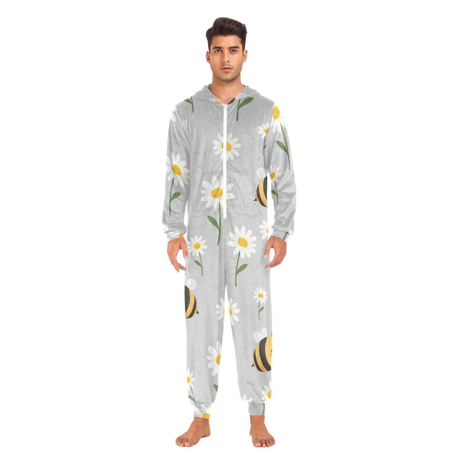 Carino Cartoon Bee Daisy Grigio Tutina Pjs Uomo Donna, Peluche Pigiama Tuta Intero