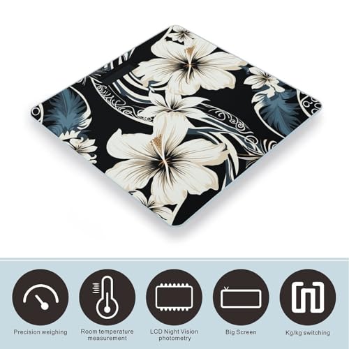 Báscula digital de baño con flores hawaianas blancas y negras miniatura 3