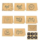 Dankeskarten, THETAG 24 Stück Braune Papier Dankeskarten mit Umschlägen Elegante Vintage Dankeskarten, Klappkarte Grußkarten für Hochzeit Geburt Baby Taufe Geburtstag Jubiläum (15 x 10cm)