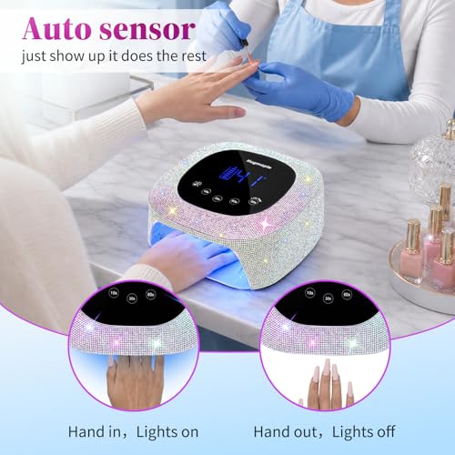 Image of HUGMAPLE Cordless UV LED Nail Lamp with Sparkling Silver Diamond, 72W Rechargeable Nail Dryer for Gel Nails, Fast Curing Light with 4 Timer Settings, Mirror Base, Touch Control for Salon & Home