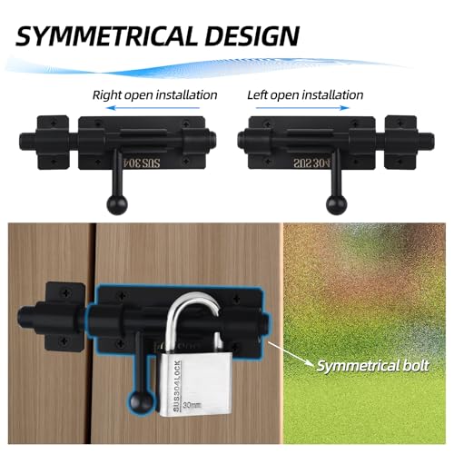 Image of Barrel Bolt Latch, 4.2 Inch Slide Lock, SUS304 Stainless Steel Slide Bolt Latch with Padlock Hole, Heavy Duty Slide Bolt Gate Latch Lock for Wooden Fence, Yard Door, Barn Door, Shed Door (Black)