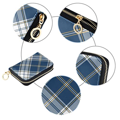 susiyo RFID Credit Card Holder Case Navy Blue White Large Plaid Leather Printed Zipper Card Case Wallet for Women Girls3