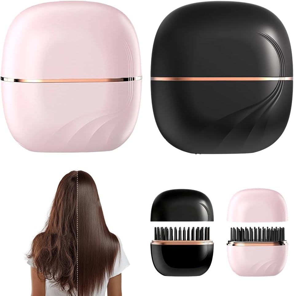 Mini Hair Straightener, Rechargeable & Cordless 3-Temp Hot Brush, Portable Styler for Smoothing, Volumizing & Straightening, Perfect for Travel, Home, On-The-Go (Black+Pink)