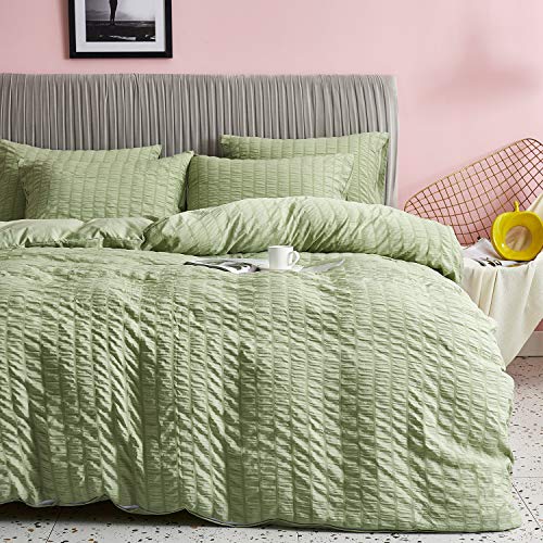 HoneiLife Duvet Cover King Size - 3 Pieces Thickened Seersucker Comforter Cover Soft Washed Microfiber Bedding Set with Zipper Closure & Corner Ties,Breathable & Wrinkle Free Duvet Cover Sets-Green