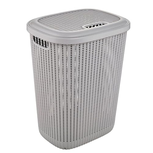 Keeeper Cesta Per Biancheria In Stile "Effetto Maglia", Coperchio Integrato, Con Fori Di Ventilazione, Plastica, 57 L, Arne, Grigio Cosmic