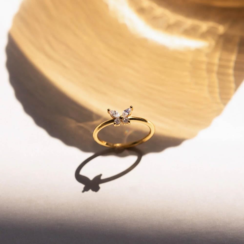 CAITLYNMINIMALIST 18K Gold Plated Butterfly | Heart Love | Open Karma Circle Dainty Sparkle Collection CZ Diamond Ring for Her