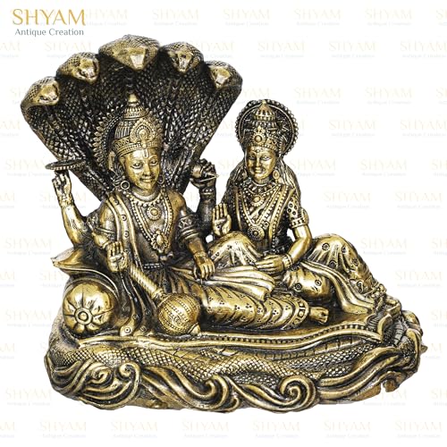 Image of 4 inch Brass Set of Lakshmi Vishnu Ji Sitting On Sheshnag Murti Maa Laxmi Vishnu Resting Idol Lakshmi Narayan Statue for Home Temple Diwali Puja