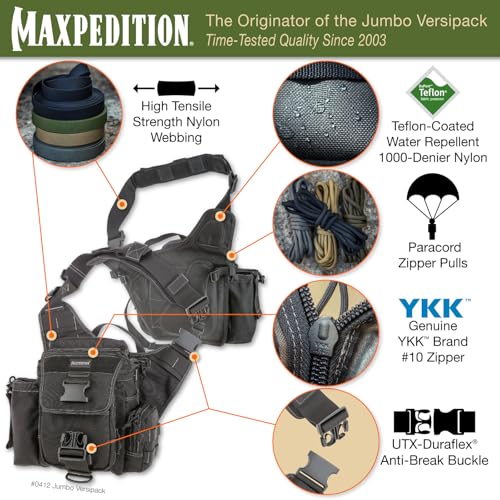 Image of MAXPEDITION Jumbo Versipack 7.4L Tactical Sling Bag, Concealed Carry Shoulder Bag, Crossbody EDC Bag, Compact Bug Out Bag, Messenger Bag for Survival Gear