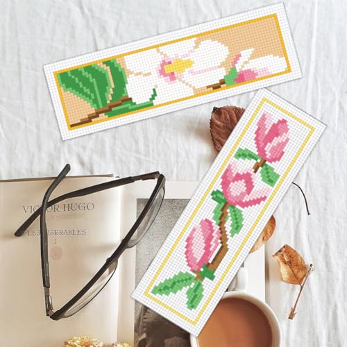 Image of BEUNITONE 6 Pcs Flower Cross Stitch Bookmark Kits for Beginners Magnolia DIY Stamped Cross Stitch Kit Vintage Floral Embroidery Kit with Instruction for Craft Book Lover Reader Writer 8''x2.4''