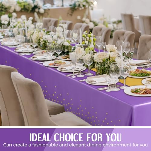 Image of Breling 8 Pack Purple and Gold Disposable Plastic Tablecloths and Satin Table Runner Set, 54 x 108 Inch Tablecloth, 12 x 108 Inch Table Runners for Wedding Graduation Birthday Baby Shower New Year