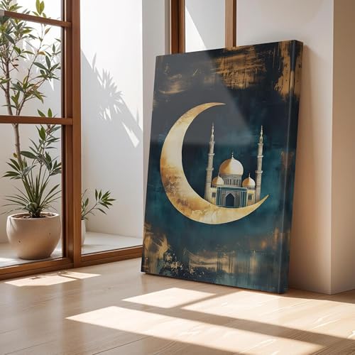 Art mural Ramadan et toile abstraite croissant de lune doré 40x60cm sans cadre pour salon marocain