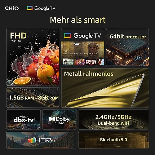 CHIQ L32H8CG 32 Zoll TV, Smart TV, FHD, Rahmenlos Metallschwarz, HDR10&HLG, Triple Tuner(DVB-T2/S2/C), Google Play, 1.5G RAM+8G ROM, Chromecast, 2.4/5G WiFi, Google Assistant, HDMI, USB, CI, Kopfhörer – Bild 3