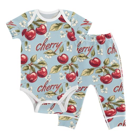 vvfelixl Unisex Short Sleeve Baby Pants Sets,Retro Logo Of Cherry Baby Bodysuits Set,Babys Layette Sets Clothes for 18-24M