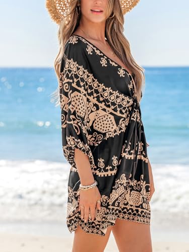 Image of CUPSHE Women's Plunging V Neck Backless Beach Dress Paisley Boho Blouson Sleeve Back Tie Waist Tie Mini Summer Dresses