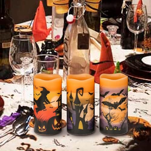 Image of Wondise Halloween Flameless Flickering Candles with 6hrs Timer, Battery Operated Candles with Halloween Decals Real Wax LED Pillar Candles for Halloween Home Table Decor (3 x 6 Inches), Orange