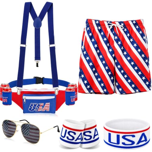 Patriotic Beverage Beer Belt Costume Set 4th of July Fanny Pack Shorts Sunglasses Wristband Headband 250th Anniversary Patriotic Party Supplies for Men Women Independence Veterans Memorial Day (L)