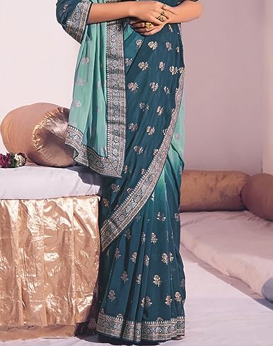 Image of SIRIL Women's Lace & Foil Printed Georgette Saree with Unstitched Blouse Piece(2826S477 Teal, Turquoise Green)