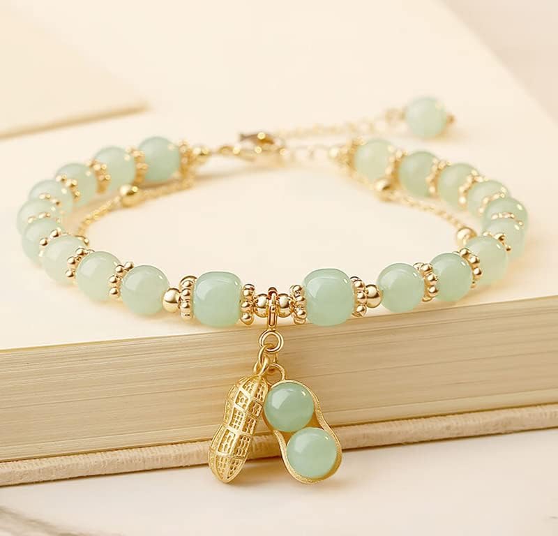 14K Gold Jade Bracelets with Bell,Stunning Moissanite Leaf Jade Bracelet for Women - Elegant Jewelry Gift for Mother, Wife - Image 4