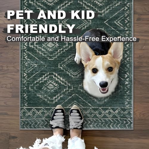 KILOCOCO Hallway Runner Rug 2'x8' Runners for Hallways Washable Runner Rug Non Slip Laundry Room Rug Low-Pile Rug Runner for Bedroom Kitchen Living Room Boho Rug, Green
