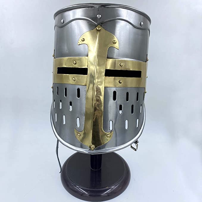 Image of AnNafi Medieval Templar Crusader Helmet Replica + Aluminium Chainmail Coif + Wooden Helmet Stand, Knight Crusades Costume Templar Reenactment Cosplay Greek Roman Spartan Armourt, Medieval Costumes