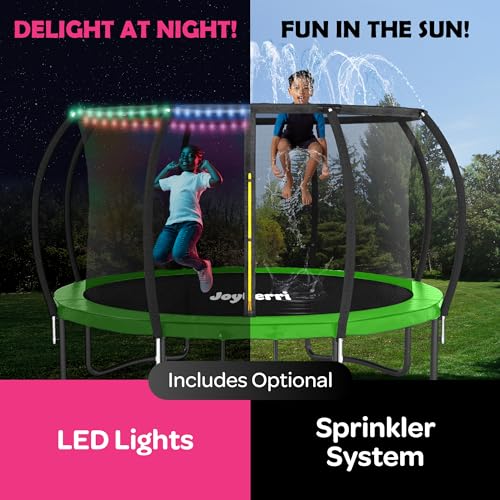 Image of JoyBerri Upsurge Trampoline Outdoor - ASTM Certified Safe 8Ft 10Ft 12Ft 14Ft 15Ft 16Ft Recreational Trampoline for Kids and Adults. Anti-Rust Coating with Enclosure Net, Ladder, Sprinkler & LED Lights