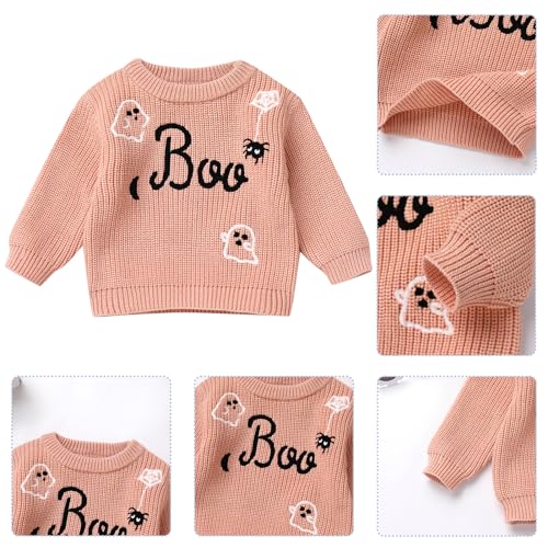 IDOPIP Toddler Baby Girls First Halloween Outfit Embroidery Pumpkin Boo Sweater Top Knit Pullover Sweatshirt Winter Clothes3