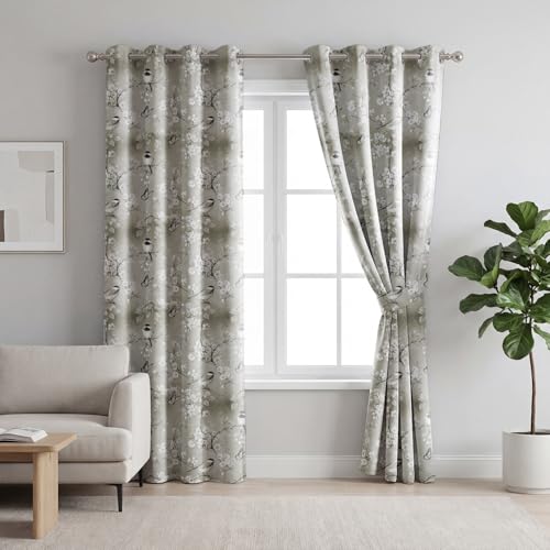 Image of LINENWALAS Printed Blackout Curtains for 8 Feet Door | Set of 2 | Charming Bird & Floral Drapes | Thermal Insulated, Room Darkening Panels with Grommet Hanging for Living Room (Taupe Blossom)