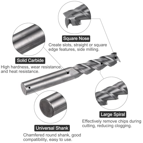 Image of uxcell Carbide Square End Mill, 1 /2 inch Diameter 3 Flutes Milling Bit Cutter, for Aluminum Copper Non-Ferrous Metal, 1 /2 inch Shank 2 inch Cut Length 4 inch Long