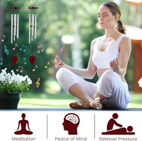 Image of Outdoor Wind Chimes with Wooden Top, 26 inch Large Aluminum Tube Wind Chime, Deep Tone Hanging Wind Chime for Garden, Patio, Porch, Balcony, Memorial & Home Decor Gift (Silver)