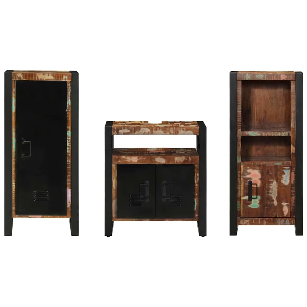 Juego de muebles de baño de 3 piezas, 40 x 35 x 90 cm, madera maciza renovada con marco de metal, diseño moderno para colgar y soporte para pequeños apartamentos y aseos