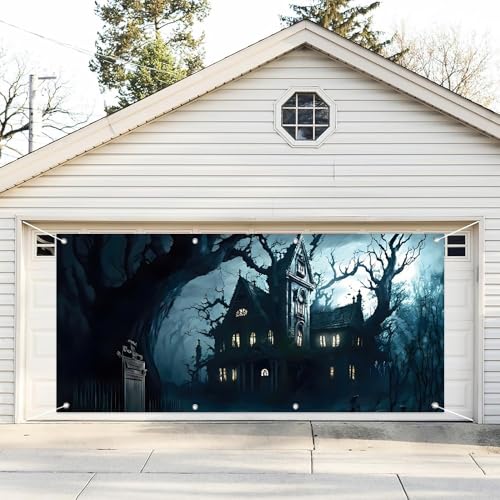 51cNIkxhPoL Leyiyi 7x16ft Halloween Garage Door Decoration Banner Spooky Graveyard Castle Haunted House Halloween Garage Door Cover for Home Outdoor Wall Door Halloween Decoration