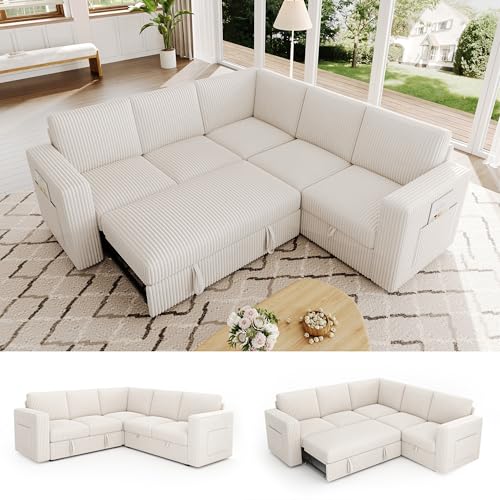 Image of 83.5 inch Corduroy Sectional Sleeper Sofa Pull Couch with Storage Beige | 5 Seat Comfy Couches for Living Room, Apartments, or Guest Spaces; Sectionals Modular Sofa Design, Comfortable Seating.