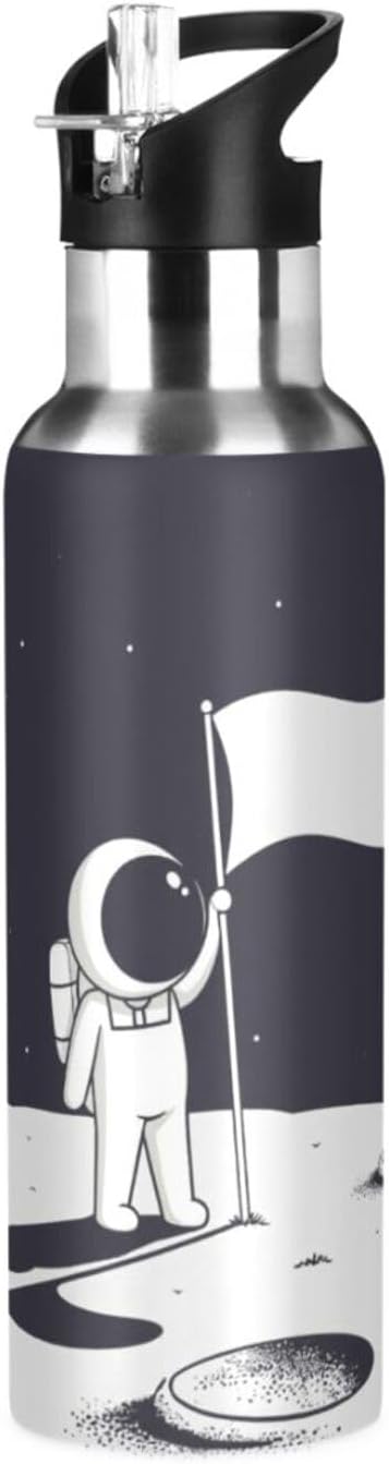 Astronaut Water Bottle with Straw Lid Black Spaceship Mars Kids Insulated Stainless Steel Water Flask Sports, 20 Oz Hot Cold