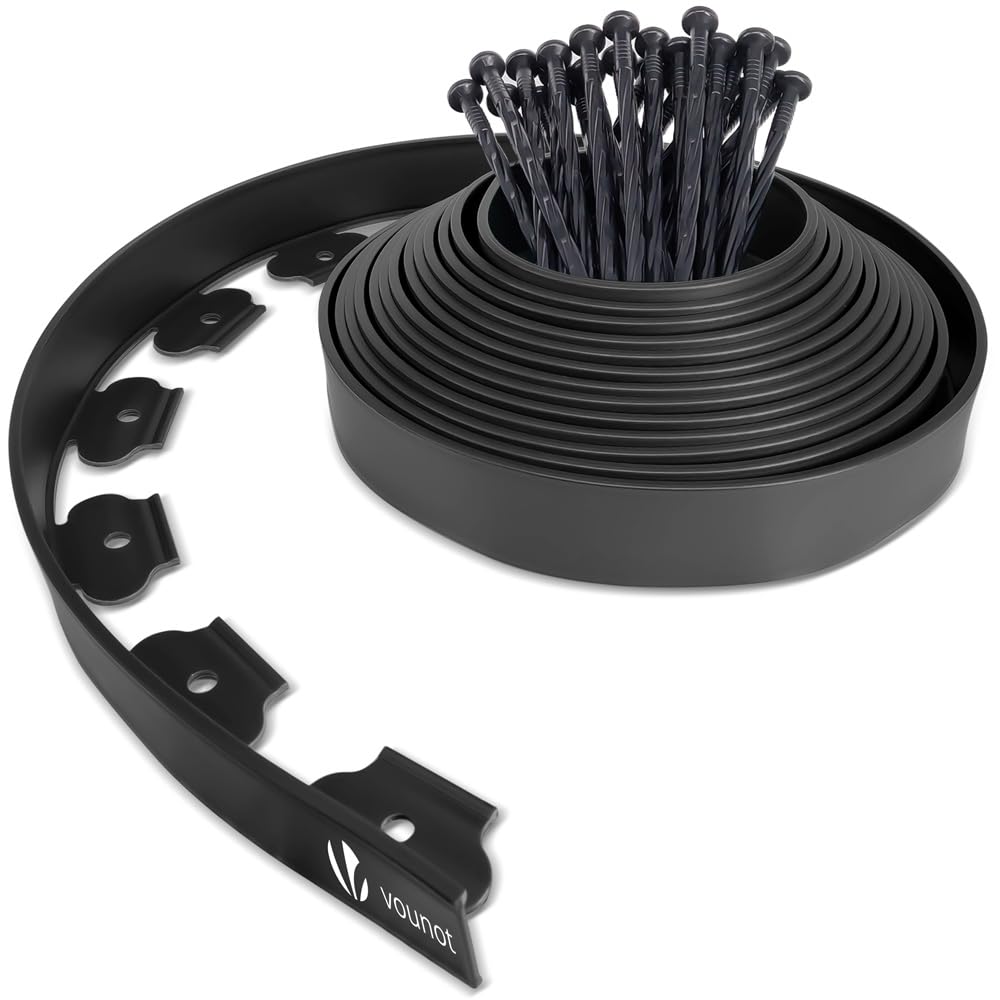 VOUNOT® Bordo Giardino Flessibile, Bordi Aiuole Plastica, con 30 Chiodi di Fissaggio, Lunghezza 10m, Altezza 5cm, Nero