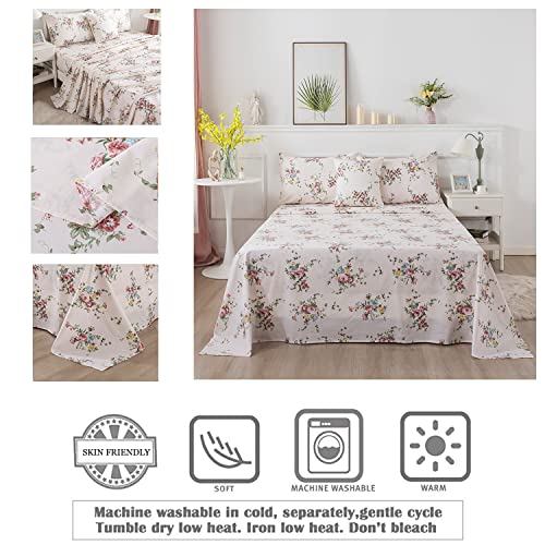 Fadfay Sweet Pink Rose Floral Sheets Set Queen Romantic Shabby Floral Bedding Elegant Vintage Farmhouse Bedding Cotton Super Soft Bedding With Deep Pocket Fitted Sheet 4Pcs, Queen Size #TOP2