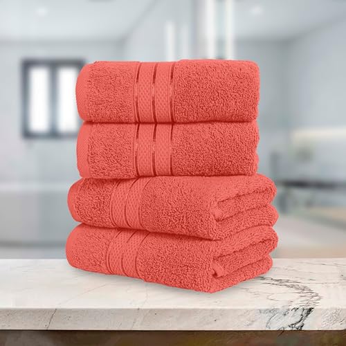Image of Elegant Comfort Three Line Popcorn Towel Set for Bathroom 16 x 28 inches, Premium Hotel Quality 4-Pack Hand Towels, 100% Turkish Cotton, Soft and Durable, Quick Dry and Highly Absorbent, Coral