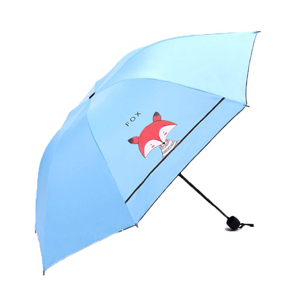 Maibar Umbrella Sun UV Parasol Women Small Lightweight Fox Animal Cartoon Painted Folding Umbrellas Lady Parasols 210T 8 Bones (Light Blue)