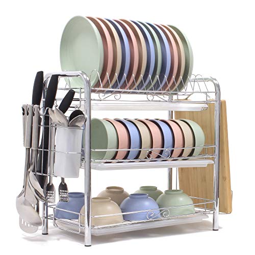 Dish Drying Rack 3-Tier Chrome Plating Dish Rack Stainless Steel Kitchen Dish Drainer