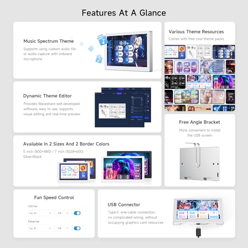 Image of waveshare 5inch USB Monitor, PC Case Secondary Screen /Desktop RGB Ambient Screen, IPS Panel, 800x480 Resolution, with Music Spectrum Analysis Function, Type-C Interface, CNC Metal Case, Silver