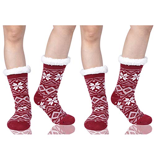 Sunew Womens Winter Vintage Fleece Lining Knit Snowflake Socks Non Slip Warm Fuzzy Cozy Slipper Socks Red One Size 2 Pairs