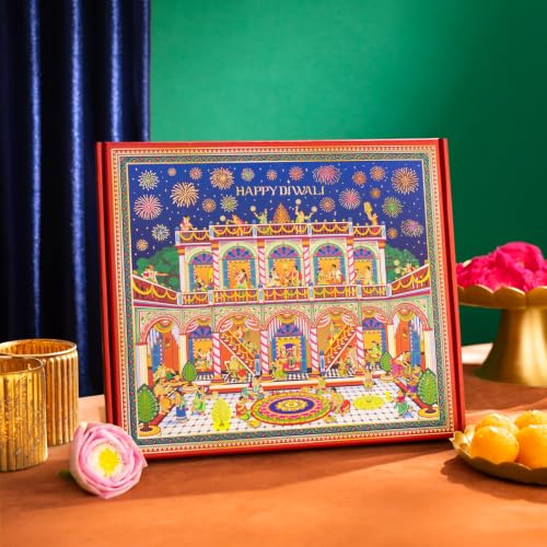 Image of Phool 15 Item Kalamkari Diwali Utsav Gift Box Ladoo, Chikky, Laxmi Charan, Incense, Havan Cup, Candles, Diya and Decor, Premium Diwali Gift Hamper for Family, Friends & Corporate Gifting
