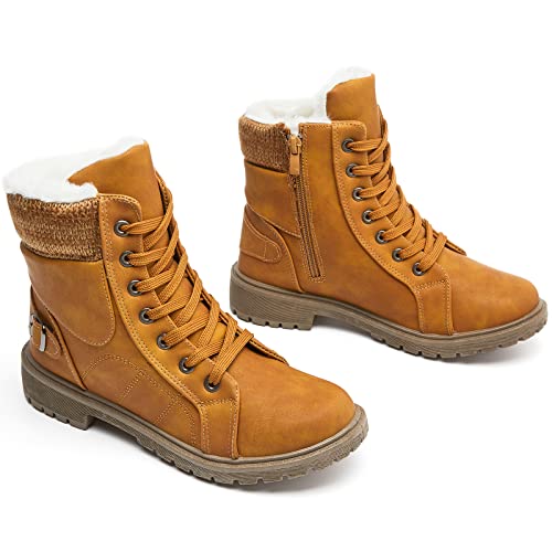 XRH Women Lace Up Combat Boot Winter Snow Boots Warm Fur Lined Ankle Booties Waterproof Hiking Boot for Women Non Slip Leather Boot Shoes(Camel.US8)
